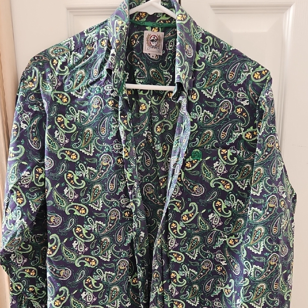 Cinch Green and Blue Casual Button Down Shirt with Paisley Design